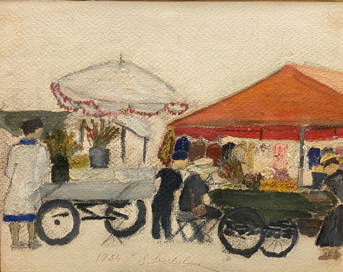 Null SKORBILME S., 20th century, The market, 1934, painting on paper, signed and&hellip;