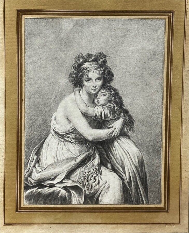 Null VIGEE LE BRUN Elisabeth Louise (After) (1755-1842): "艺术家和她女儿Jeanne的肖像"。黑石。粘&hellip;
