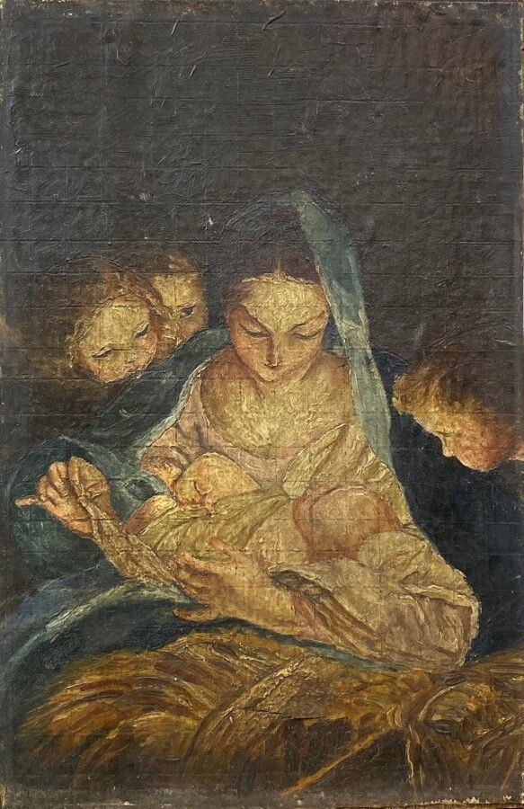Null 19世纪的法国画派："圣母与儿童"。粘贴在画板上的油彩（已裂开并加固）。旧清漆污损，35 x 23厘米