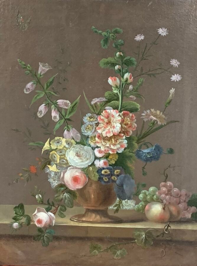 Null 18世纪末和19世纪初的法国学校。

桌上的花瓶和桃子的静物画。

布面油画（衬里和小型修复）。

65 x 49 厘米 

静物，桌上的花瓶和成串的&hellip;