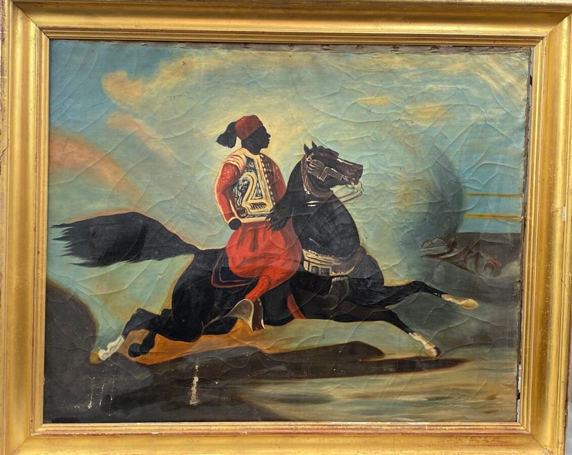 Null E.DUJARD（法国学校19世纪中期）（归属）：《非洲骑士》。布面油画（无签名）。缺少，有裂痕，部分从画框中取出。装在一个当时的金丝楠木框架里。