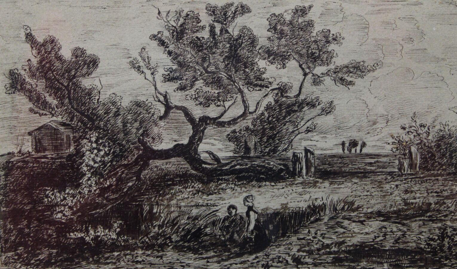 Null 19世纪法国ECOLE，树旁的牧羊人，灰色纸上的钢笔和棕色墨水，无签名，12.5x21厘米。