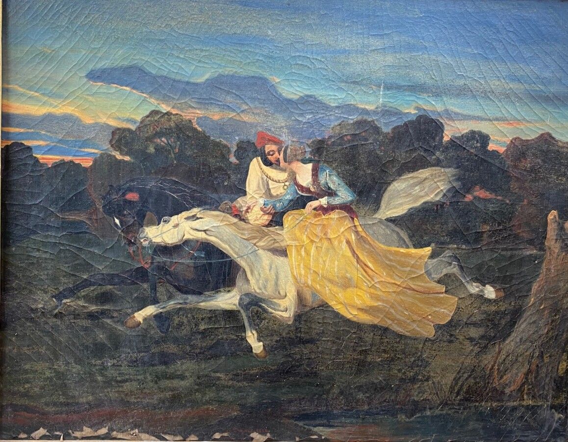 Null E.DUJARD（法国学校19世纪中期）："Scène galante à cheval"。布面油画，已签名，日期为1858年，并在中央下方标有 "D&hellip;