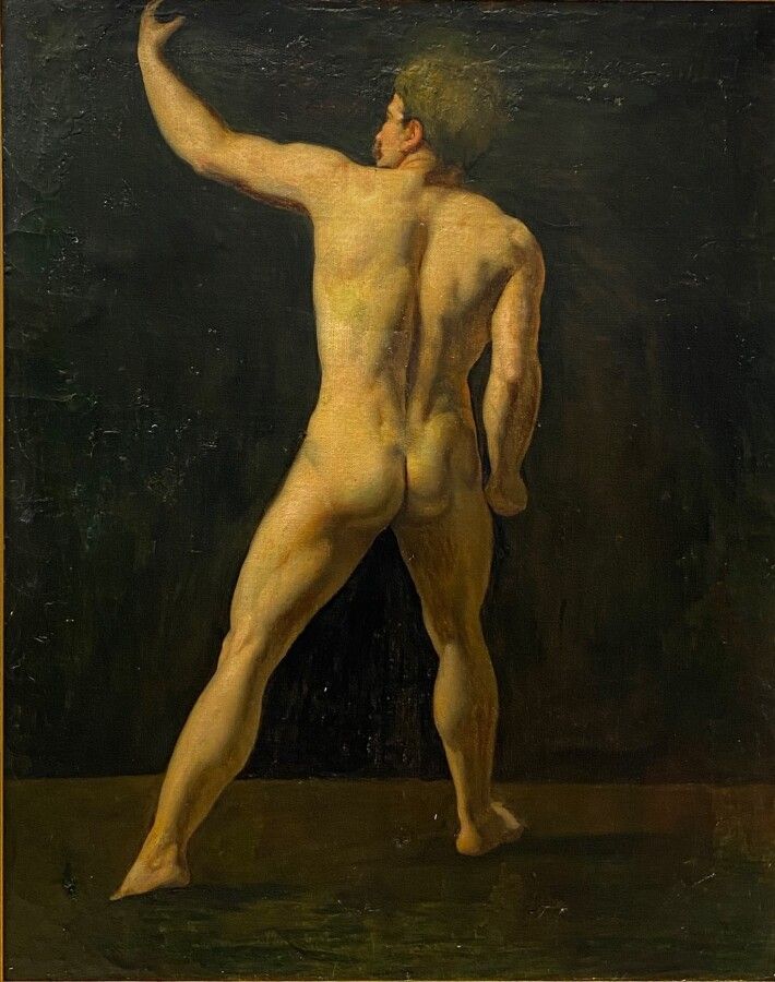 Null 19世纪的法国画派："从后面看裸体男人"。布面油画。重要的修复和衬垫。81 x 65 cm