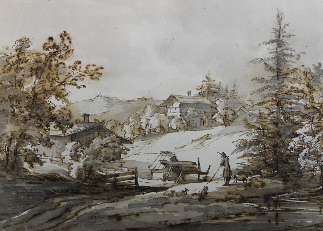 Null 德国学校 18世纪的最后一季：村民和他们的动物在乡村的房屋或La Mühlthale周围。钢笔、棕色墨水和灰色水洗。背面是黑石的标题和1797年的日期&hellip;
