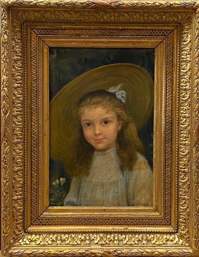 Null Timoléon LOBRICHON (1831-1914): "Portrait of a girl with a hat". Oil on can&hellip;