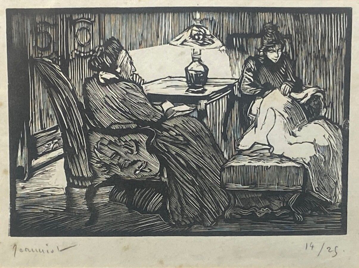 Null JEANNIOT Pierre Goerges, 1848-1934, La couture sous la lampe, linocut in bl&hellip;