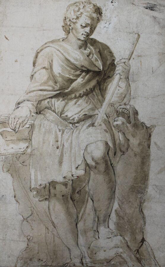 Null 意大利学校 16世纪下半叶：身穿长袍的男子，右手放在书上，左脚放在一个海怪上。钢笔、棕色墨水和棕色水洗（小的弯曲和污渍）；在背面：一个男人的研究，躯干&hellip;