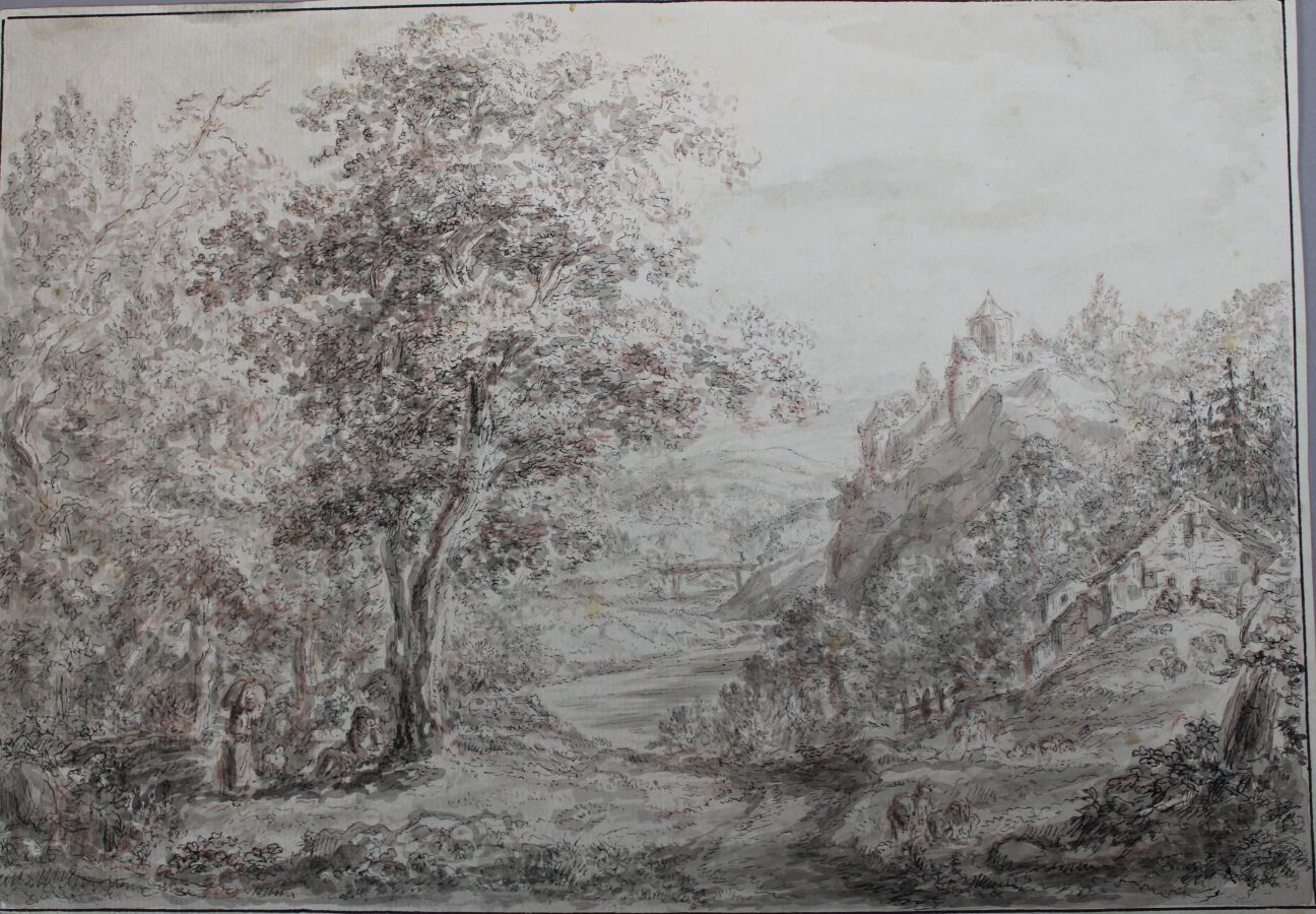 Null 巴赫-卡尔-丹尼尔-弗里德里希（归属） 波茨坦1756年 布雷斯劳1826年：有溪流的陡峭树林景观。钢笔、黑墨水、灰色水洗和红色粉笔。造纸商的水印。用&hellip;