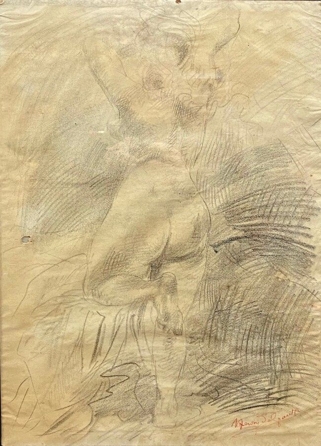 Null DE GROUX Henri, 1866-1930，裸体背影，纸上黑色铅笔（有日晒、污渍和事故），右下方有签名，62x45.5厘米。