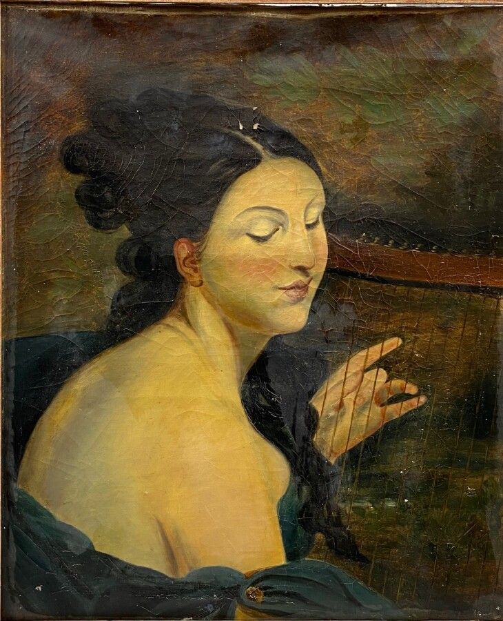 Null E.DUJARD（19世纪中叶法国学派）："竖琴手"。布面油画，左下方有签名。失误和裂缝。65 x 53,5 cm