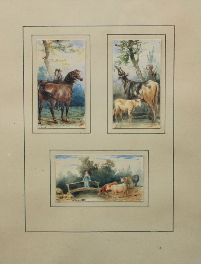 Null VERNET Horace (1789 1863)：一组三幅作品：树下的两匹马；一头牛和她的小牛；桥上的牧羊女在她的动物旁边。水彩画。粘在板材上。前两&hellip;