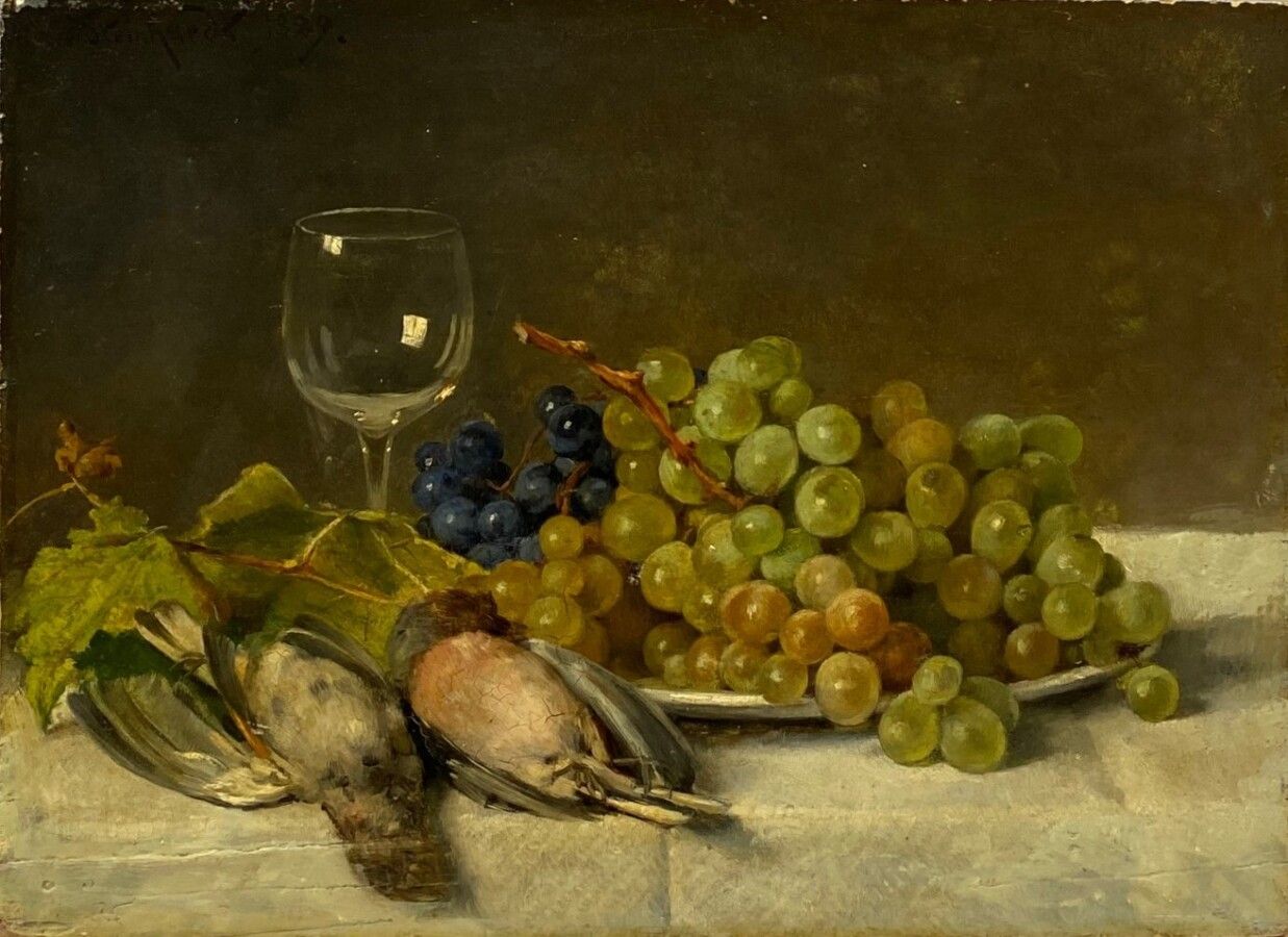 Null 瓦尔特-斯坦哈特（十九世纪法国画派）："桌布上的玻璃、葡萄和鸟"。板面油画，左上方有签名和日期。背面刻有 "Steinhard-Walter 1889&hellip;