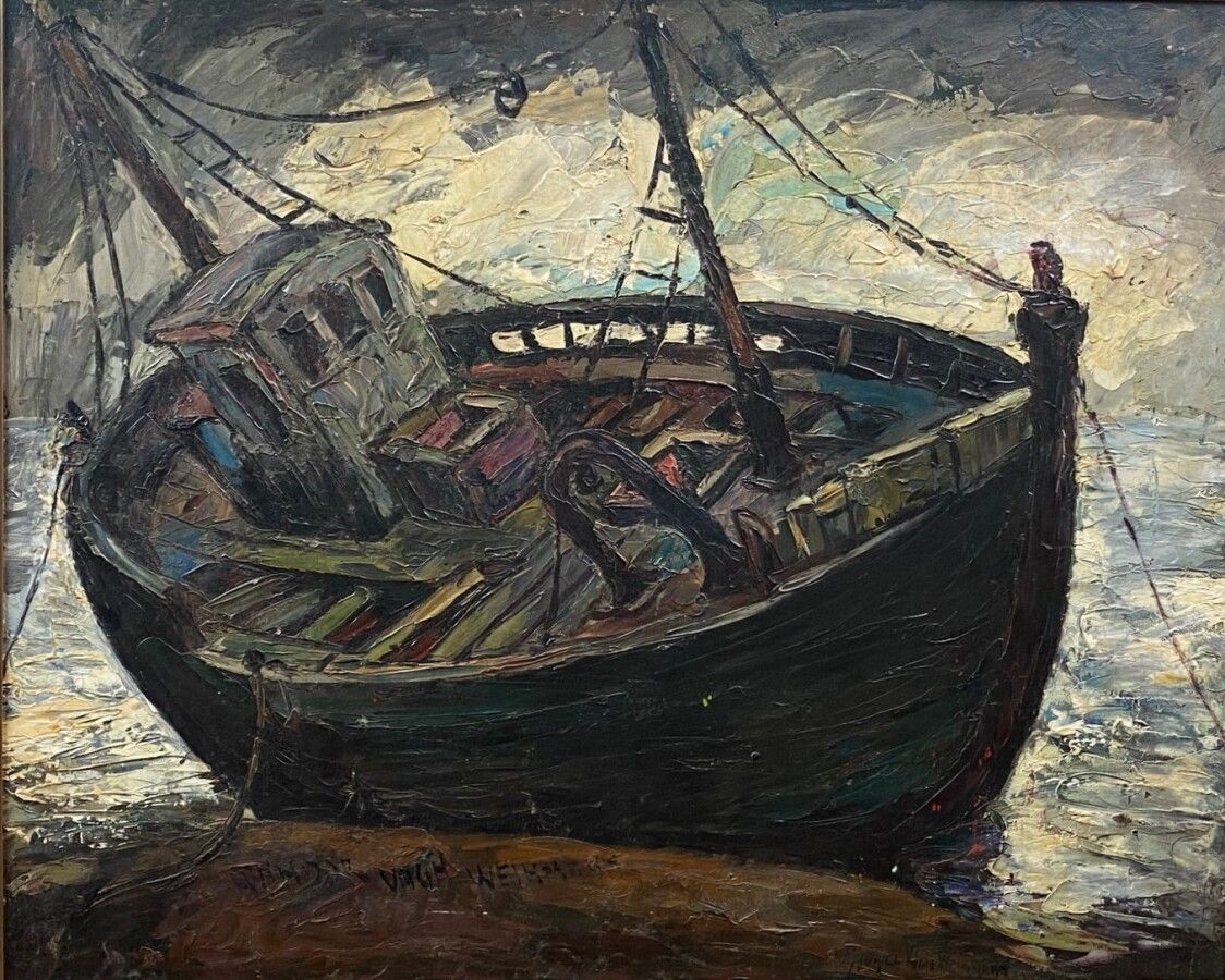 Null Maurice VAGH WEINMANN (1899-1986): "Fishing boat at low tide". Oil on panel&hellip;