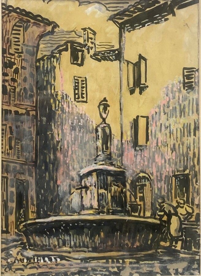 Null AUDIBERT Louis, 1881-1983, La fontaine, encre noire et gouache sur papier, &hellip;