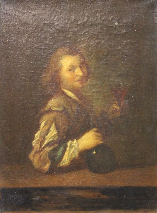 Null GRIMOU Alexis (After) (1678 1733): "艺术家喝酒的肖像"。布面油画。注释在下部的格里莫。

在画框上部的反面，Ale&hellip;
