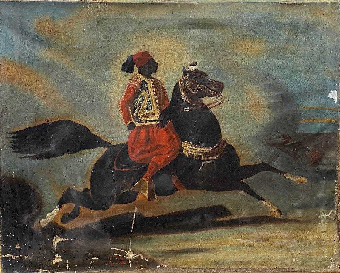 Null E.DUJARD（法国学校19世纪中期）：《非洲骑士》。画布上的油画，中央下方有签名，并标有 "在Alfred de Dreux之后"。遗漏，事故，部&hellip;