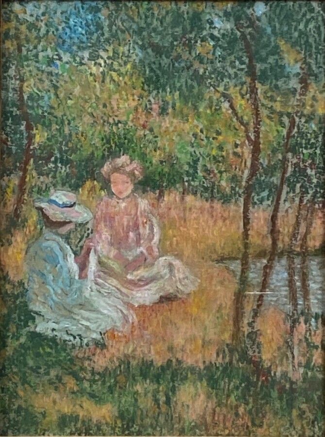 Null 二十世纪的学校："两个女人坐在树下，靠近一片水域"。水粉画在纸上。40 x 30厘米