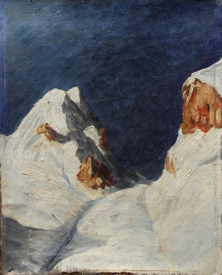 Null 十九世纪末至二十世纪初的法国学校："蓝天下的雪山景色"。布面油画。损坏和丢失的部件。画框上有铅笔题词 "Bonin"。40 x 32 cm