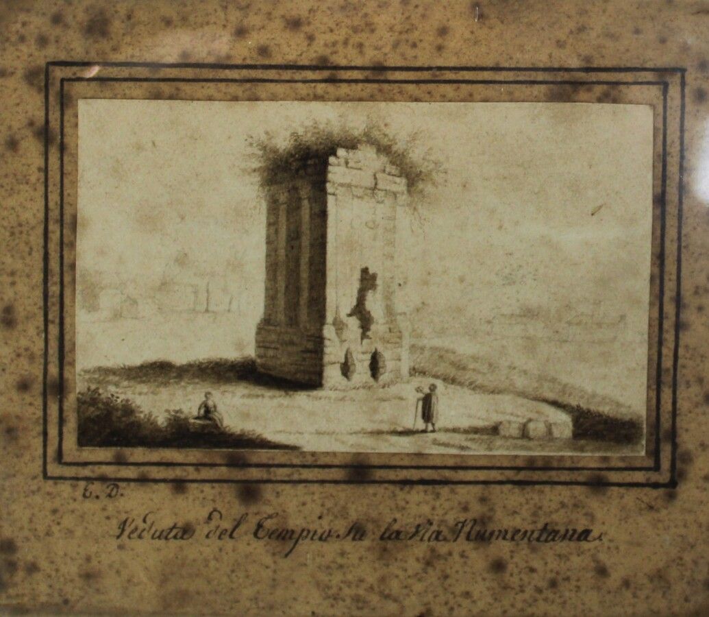 Null 意大利学校 18世纪末：诺曼塔纳大道上的一座古庙景观。石墨和棕色水洗。粘在板材上。用钢笔和棕色墨水画的框架线。(Freckles)。左下角有Monog&hellip;