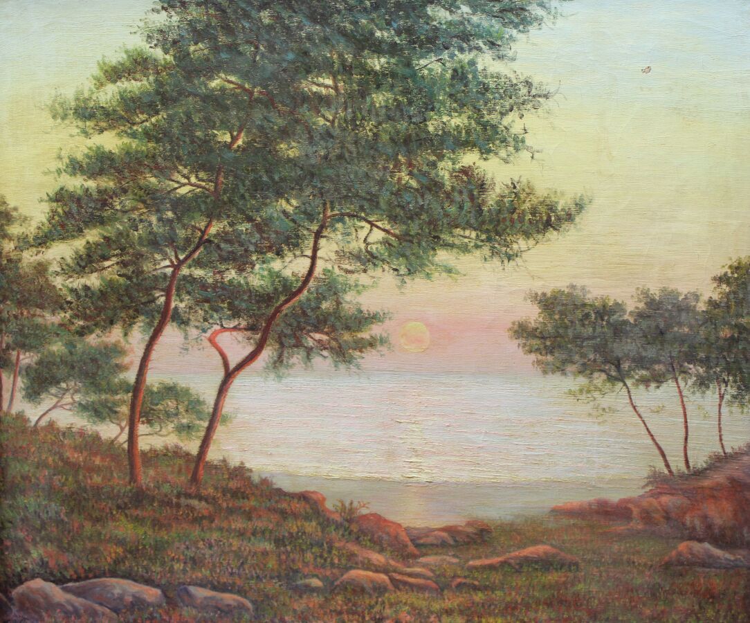 Null 20世纪初的法国艺术家，黄昏时分海边的树木，布面油画（小事故和修复），左下角的重绘题字，52.5x62厘米。