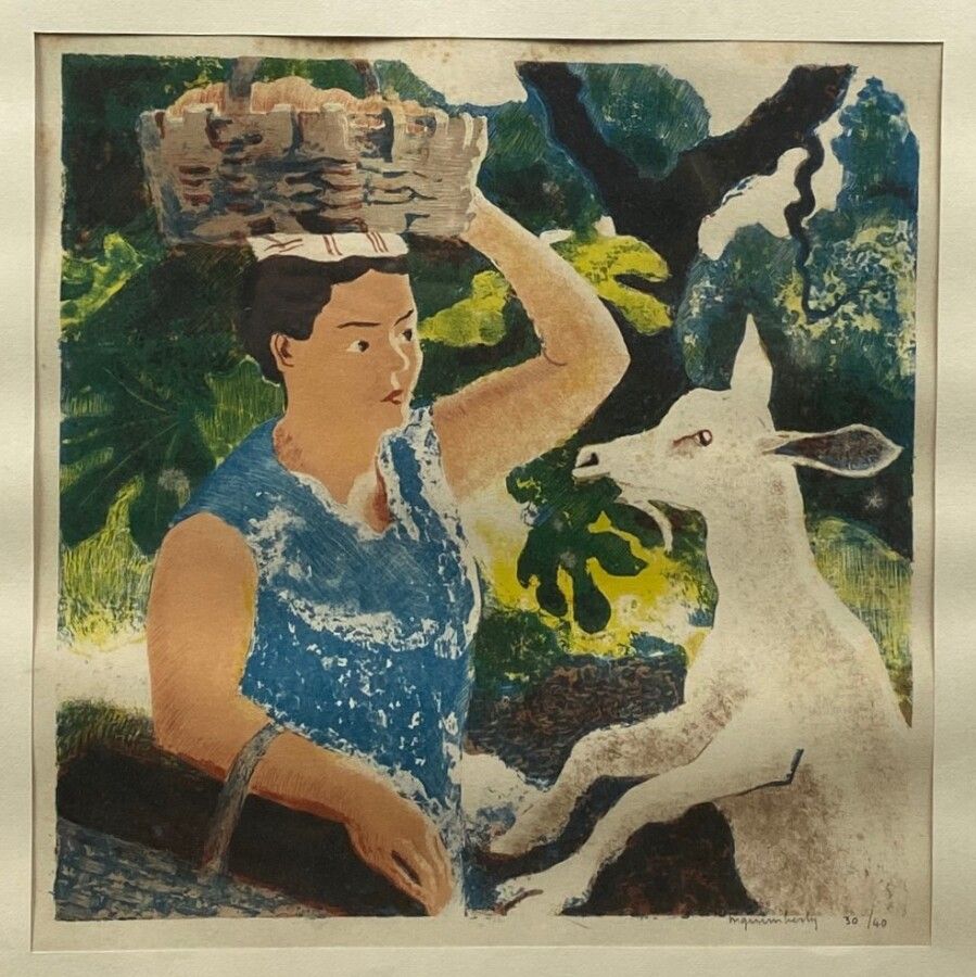 Null INGUIMBERTY Joseph, 1896-1971, 《带着篮子和山羊的女人》，彩色石板画，编号30/40（有污点，有狐臭），右下方有签名，版&hellip;
