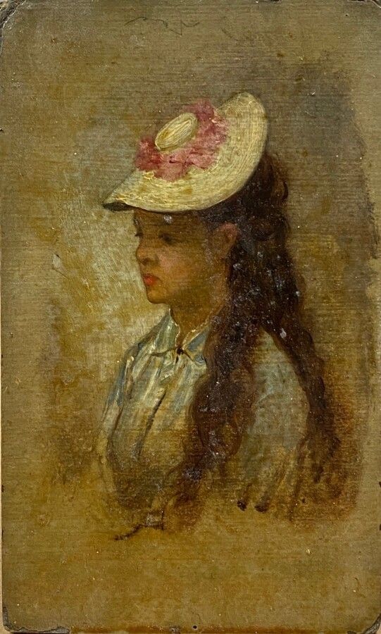 Null ANONYMOUS SECOND HALF OF THE 19th CENTURY, Young Girl with a Hat, oil on bo&hellip;