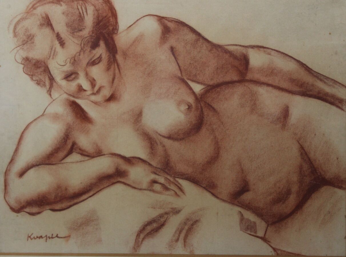 Null KVAPIL Charles, 1884-1957, Leaning Nude, red chalk and eraser on lined pape&hellip;