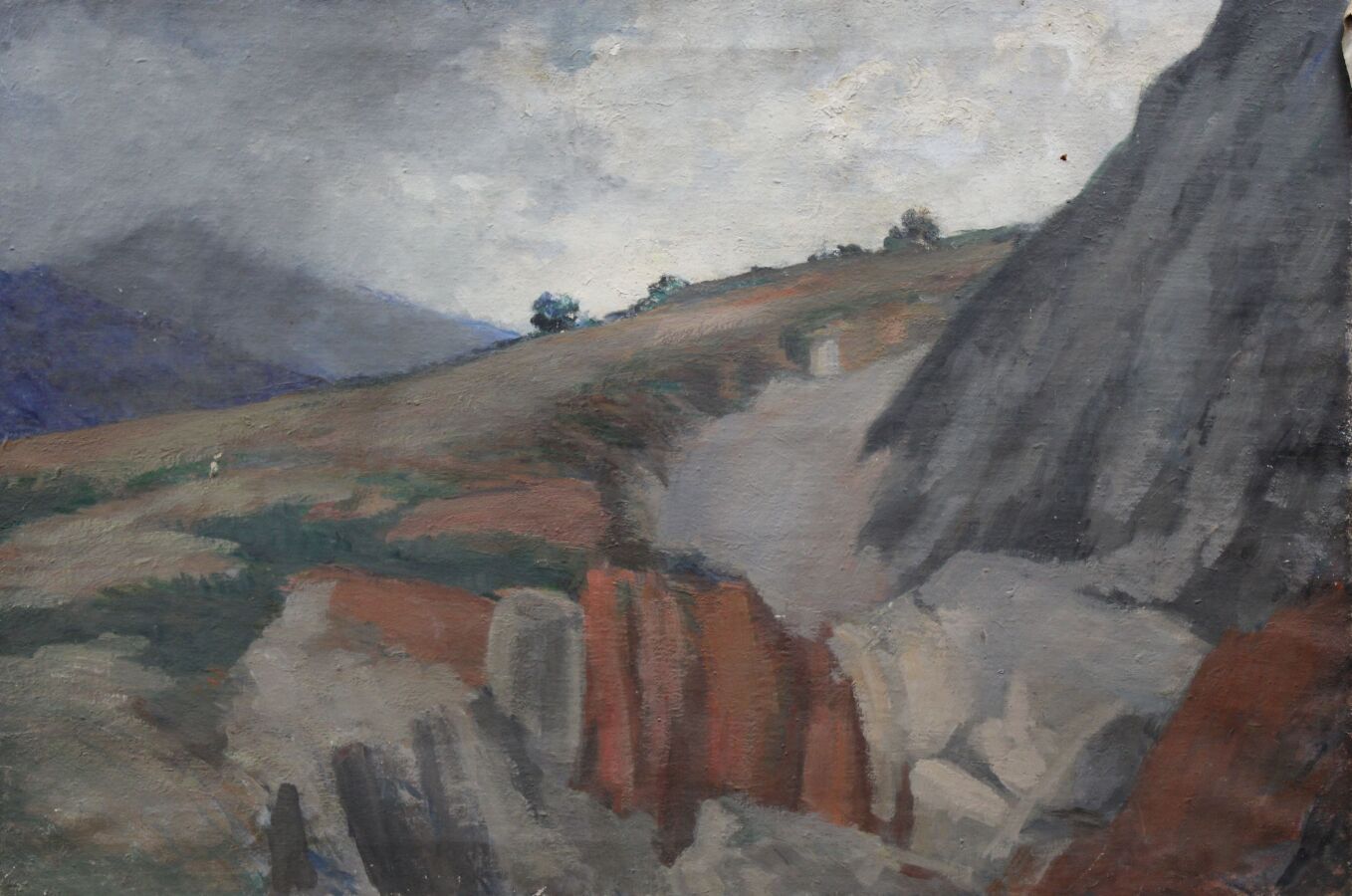 Null 二十世纪初的法国画派："有灰色天空的山区风景"。布面油画。磨损和撕裂。54 x 80厘米
