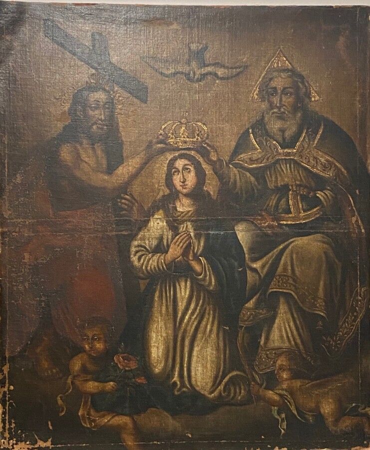 Null 18世纪的西班牙学校："三位一体的圣母加冕仪式"。布面油画（重新调整；缝隙和事故；旧的修复；旧的清漆弄脏）。123 x 102 cm