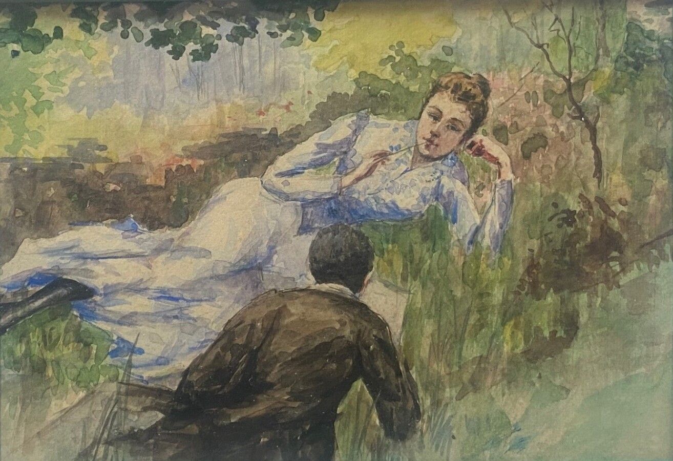 Null 19世纪末，画家和他的模特在森林里，水彩画，无签名，10.5x15.5厘米。