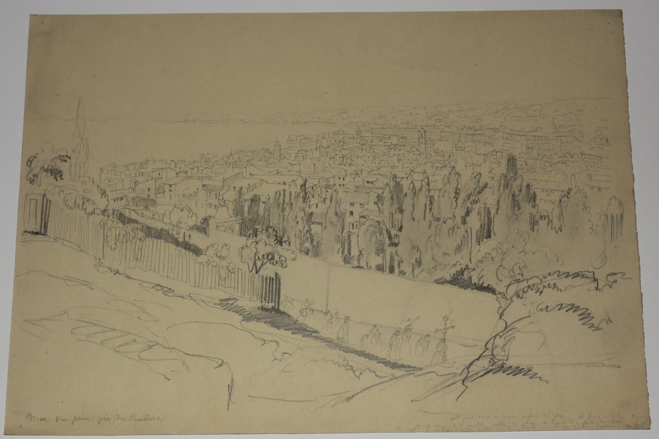 Null ALPES-MARITIMES (06) - "NICE，在公墓附近拍摄的景色"。19世纪。梭织纸上的石墨素描。坐落在左下方的灰色铅笔。右下角有铅笔手&hellip;