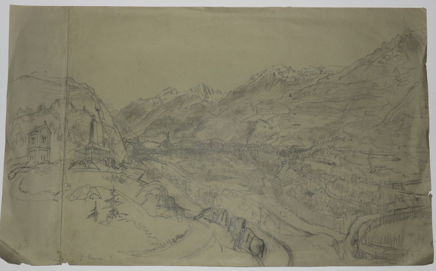 Null ALPES-MARITIMES (06) - "SAINT SAUVEUR "的景观。19世纪。灰色编织纸上的石墨素描。坐落在左下方的灰色铅笔。出处：&hellip;