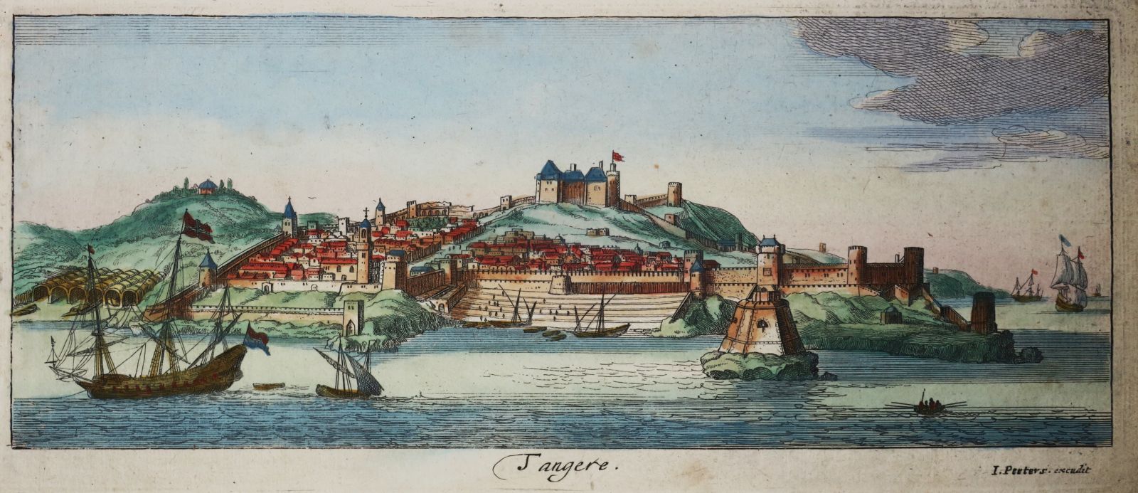Null 摩洛哥 - "TANGERE（丹吉尔）"景观，约1690年，蚀刻和雕刻。在安特卫普由雅克-佩特斯出版的旧色纸上的样书。边缘。罕见。16 x 28 cm&hellip;
