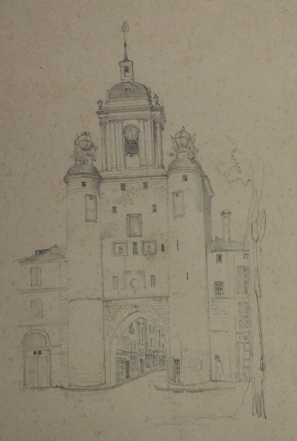 Null 夏恩特-马利蒂姆（17）--"拉罗舍尔，大钟表"。19世纪。乳白色编织纸上的原始铅笔画。左下角用灰色铅笔写着 "拉罗谢尔"，右边写着 "大钟表"。为1&hellip;