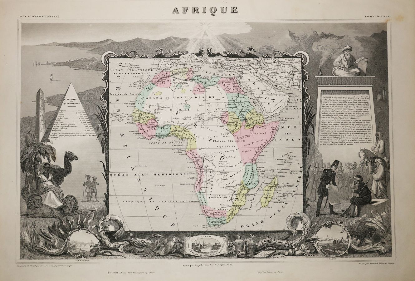 Null 非洲 - "非洲 "地图，由维克多-勒瓦瑟尔绘制，法国国家地图集，1852年。Laguillermie所刻的地图。古老的颜色。由Lemercier印刷&hellip;