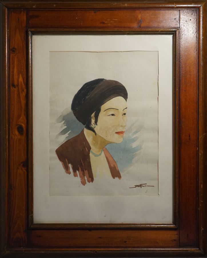 Null 高画，纸上水彩，一个年轻女子的半身像。有Mai Thu（1906-1980）的签名，他是1930至1937年在顺化的绘画教师。越南。

约30 x 2&hellip;