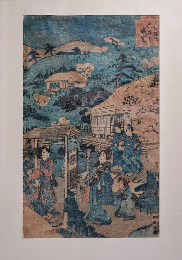 Null 在皱纹纸上打印。日本，明治时期。带框，27.5x17.5厘米见方