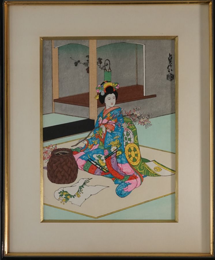 Null SADANOBU III的印刷品oban tate-e："KYO MAIKO "系列：N°2 IKEBANA，京东的年轻女子正在插花，署名SADANO&hellip;