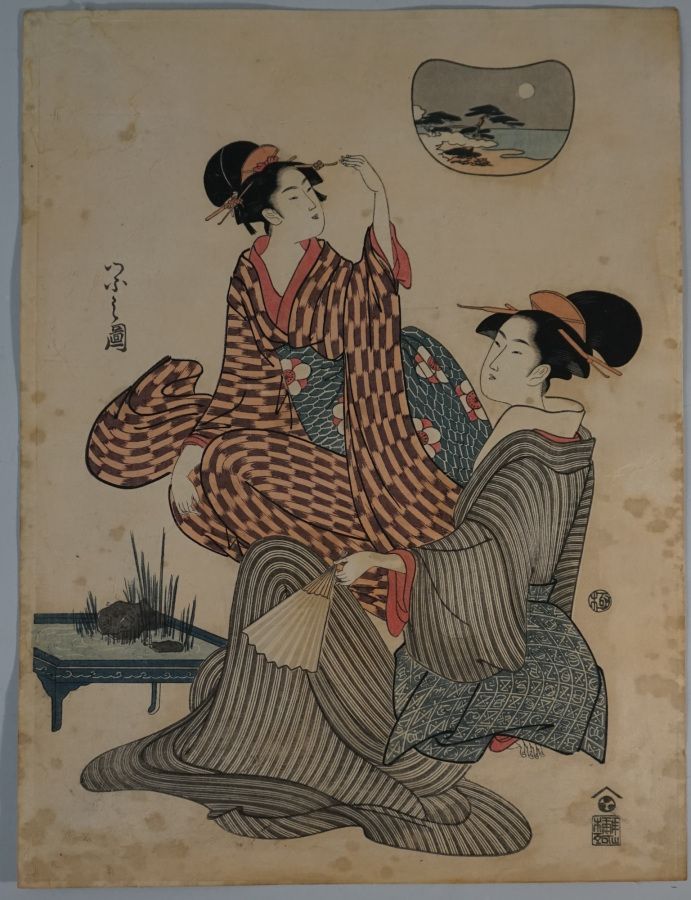 Null EISHI oban tate-e print: "UKIYO GENJI HAKKEI" dos mujeres en un interior y &hellip;