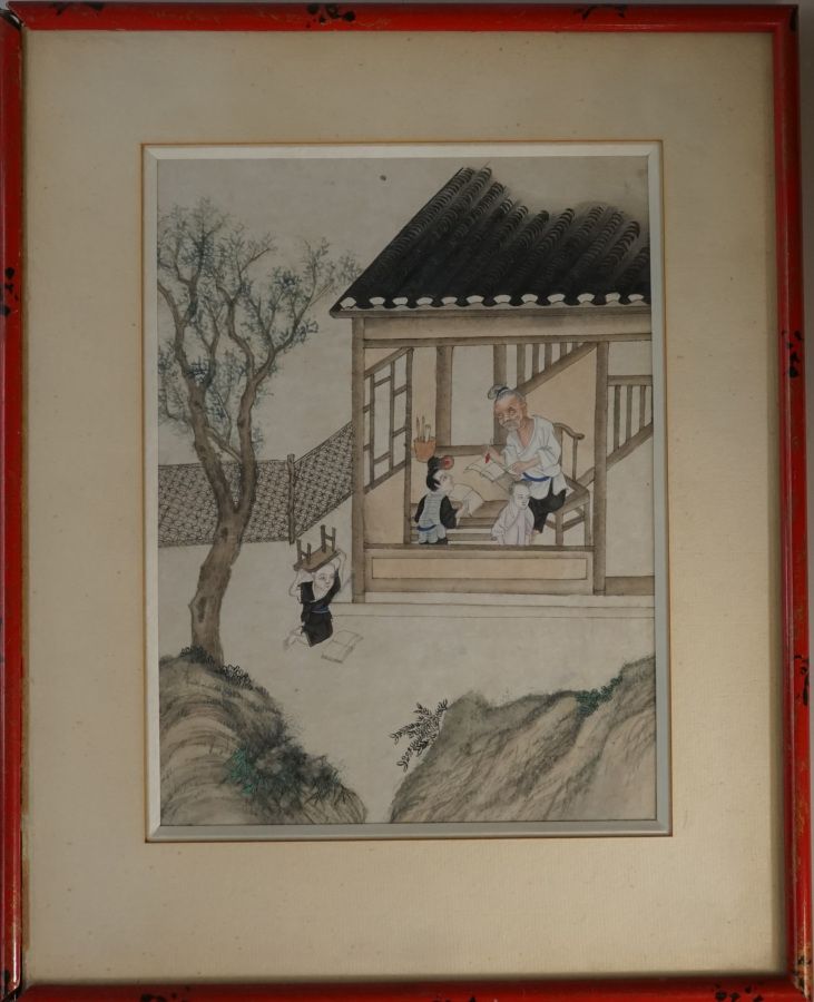 Null 纸上绘画：教室里的老师和学生，尺寸：25 x 18.5厘米（玻璃框）；+双张：荷花中的女人，尺寸：32 x 24.5厘米，中国 20世纪。