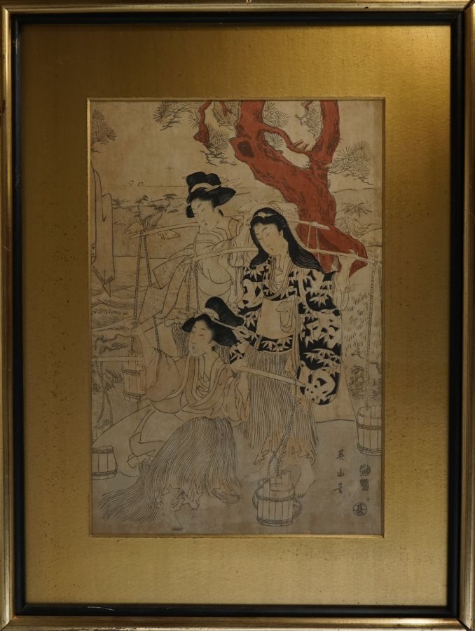 Null 绘山的大班手绘版画：YUKIHIRA与MATSUKAZE和MURASAME姐妹在汲水，署名绘山ga，出版商MARUYA JIMPACHI JAPAN &hellip;
