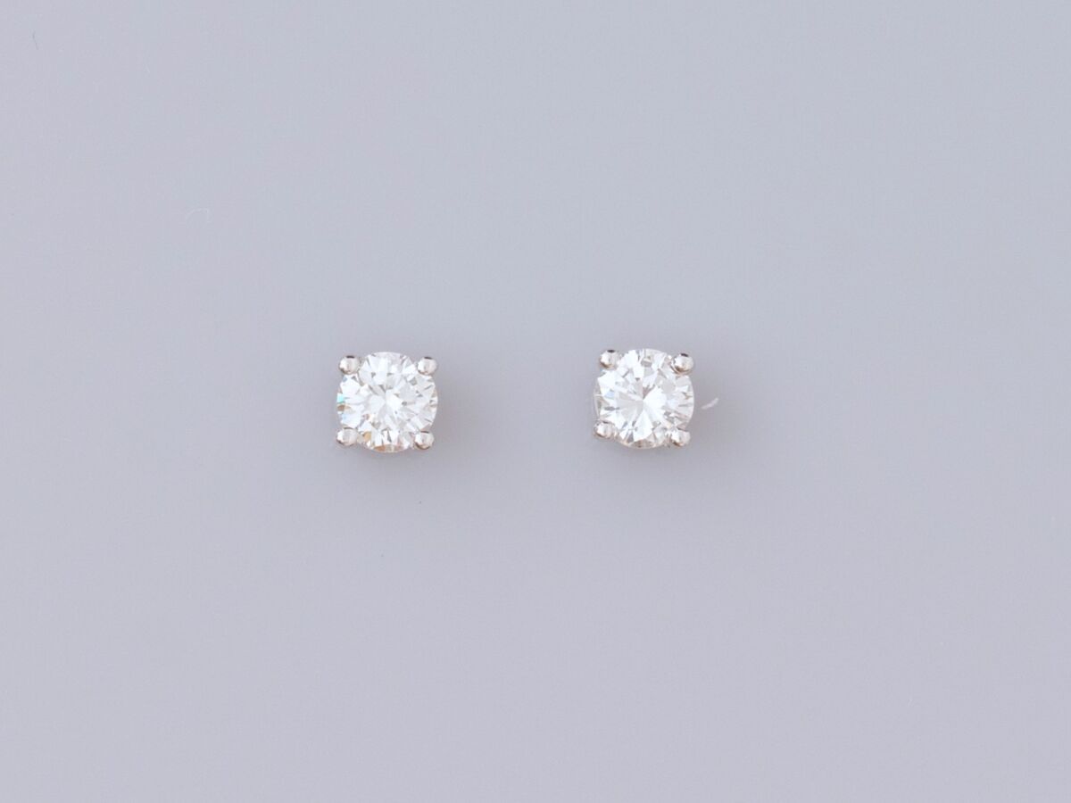 Null Paire de puces en or gris 585°/°° (14K), chacune est sertie d'un diamant ta&hellip;