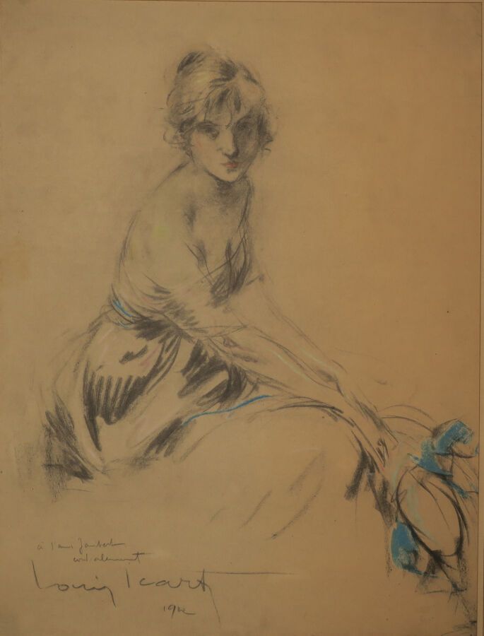 Null ICART Louis (1888 - 1951) - [Jeune femme assise, tenant son chapeau entre l&hellip;