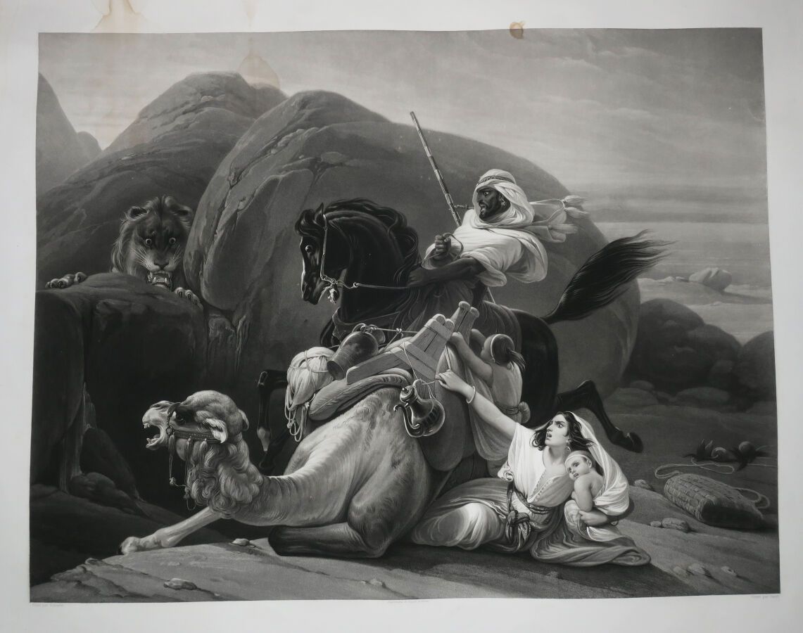 Null ARAB HORSE - JAZET Jean-Pierre Marie (1788-1871) - "阿拉伯家庭被狮子惊吓"。约1860年。根据弗雷&hellip;