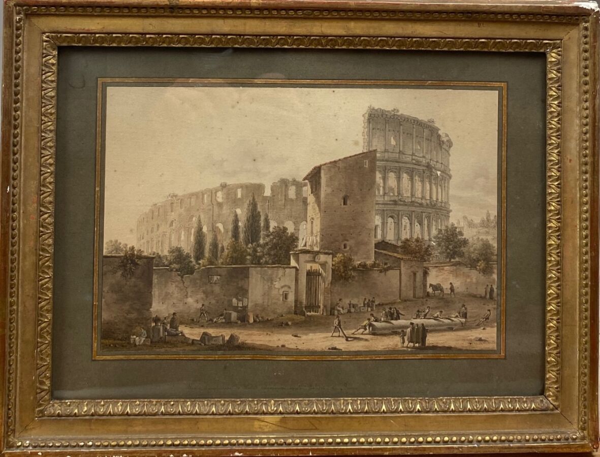 Null NICOLLE Victor Jean (Paris 1754 - id.; 1826): "罗马斗兽场的景色"。钢笔、黑色和棕色墨水、灰色和棕色水洗&hellip;