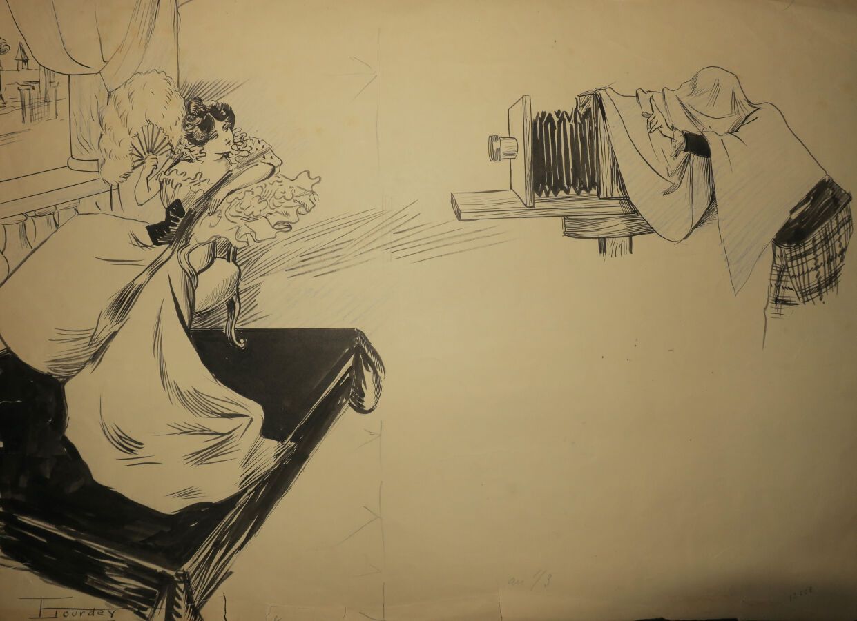 Null 卢迪-莫里斯(1860-1934)的画作 - [优雅的图片]。用黑色墨水和蓝色铅笔绘制。有艺术家的签名。35 x 46厘米。状况A/B（纸张边缘有破损&hellip;