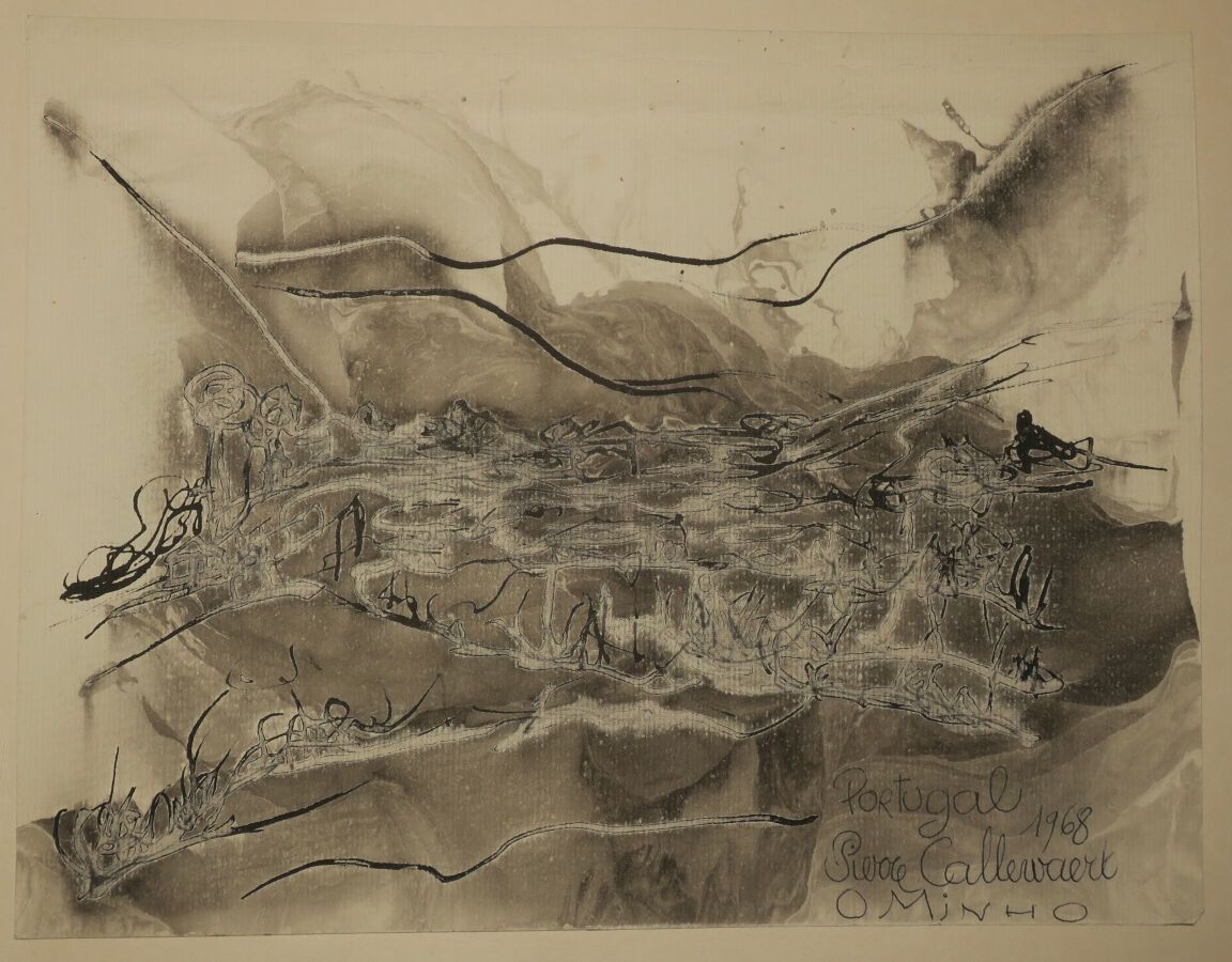Null CALLEWAERT Pierre (生于1948年) - "O Minho, Portugal" 。1968.纸上水墨和水彩画。有标题、日期和艺术家&hellip;