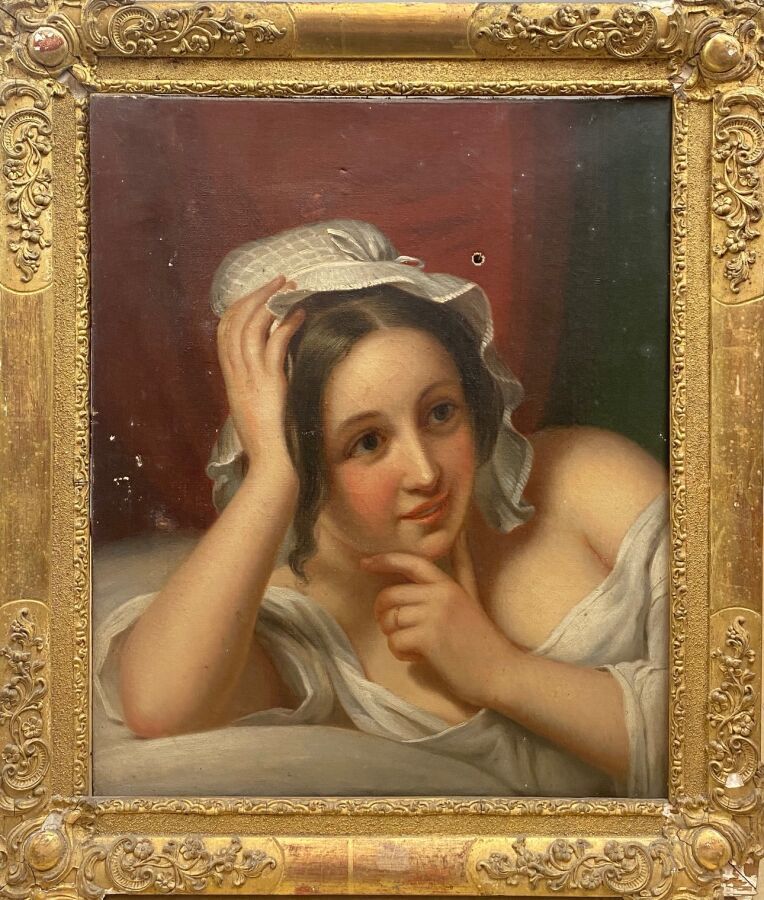 Null Ecole française du XIX-ème Siècle : « Portait de femme au bonnet blanc ». H&hellip;