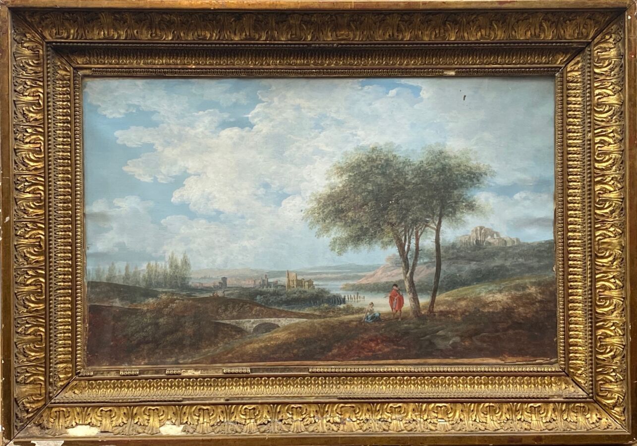 Null MANDEVARE Alphonse-Nicolas-Michel (1759 - Paris 1829): "在一个被河水穿过的城镇郊外的乡村风景，&hellip;